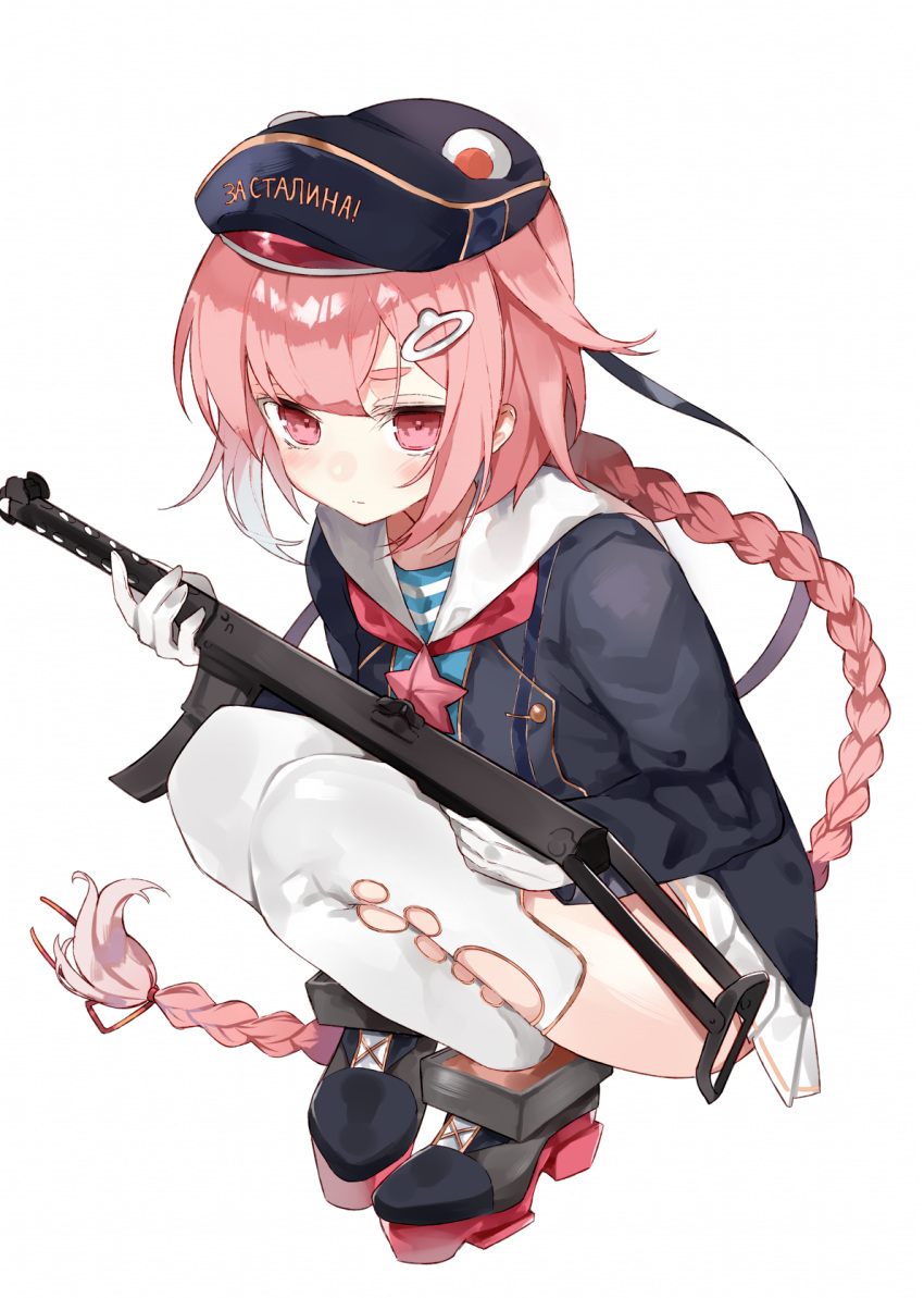 1girl, animal_hat, bangs, blush, braid, clothes_writing, commentary, full_body