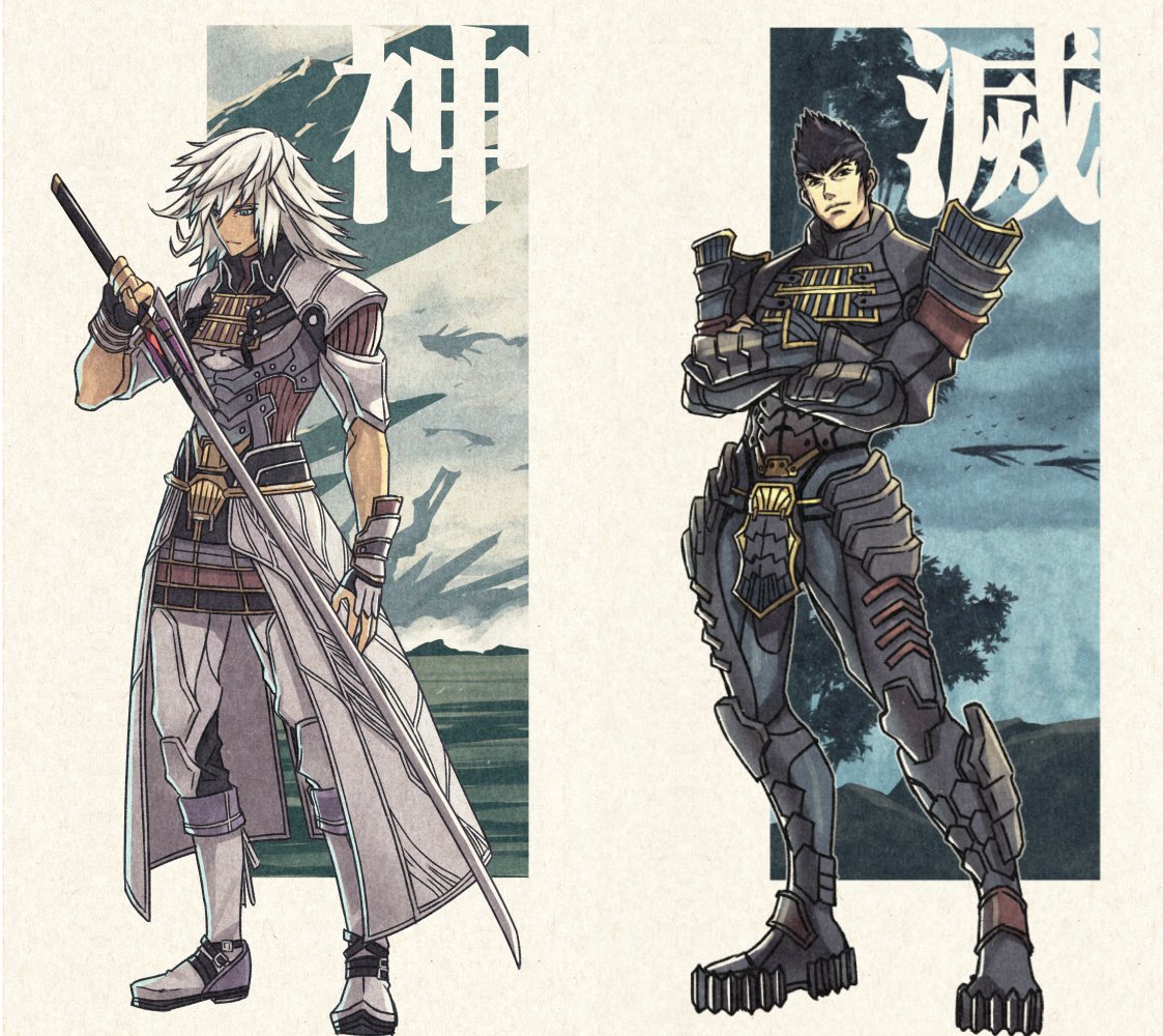 2boys, armor, decopon, full_body, gloves, looking_at_viewer, male_focus, metsu_(xenoblade)