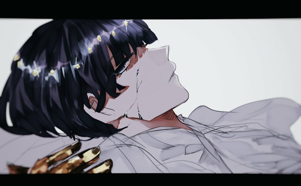 1other, androgynous, bangs, blue_eyes, blue_hair, blunt_bangs, crack, cracked, golden_arms, houseki_no_kuni, letterboxed, looking_at_viewer, lying, on_back, phosphophyllite, phosphophyllite_(ll), saku_(saku5991), short_hair, solo, spoilers