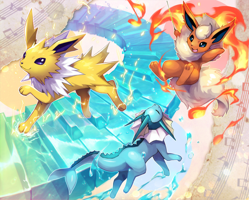 :o, baton, beamed_eighth_notes, closed_eyes, creatures_(company), electricity, fire, flareon