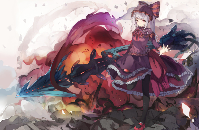 1girl, bangs, black_legwear, breasts, closed_mouth, commentary, dress, explosion