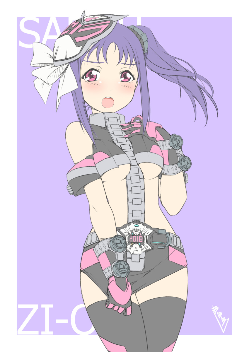 1girl, 2018, :o, absurdres, arm_strap, bangs, between_breasts, black_gloves, black_legwear, black_skirt, breasts, bunji, character_name, collar, covering_mouth, crop_top, crop_top_overhang, gloves, hair_ribbon, highres, kamen_rider, kamen_rider_zi-o, kamen_rider_zi-o_(cosplay), kamen_rider_zi-o_(series), kazuno_sarah, long_hair, looking_at_viewer, love_live!, love_live!_sunshine!!, medium_breasts, midriff, miniskirt, open_mouth, pink_eyes, purple_background, ribbon, rider-tan, rider_belt, shield, side_ponytail, sidelocks, signature, simple_background, skirt, skirt_tug, solo, thigh-highs, under_boob, upper_teeth, v-shaped_eyebrows, white_ribbon