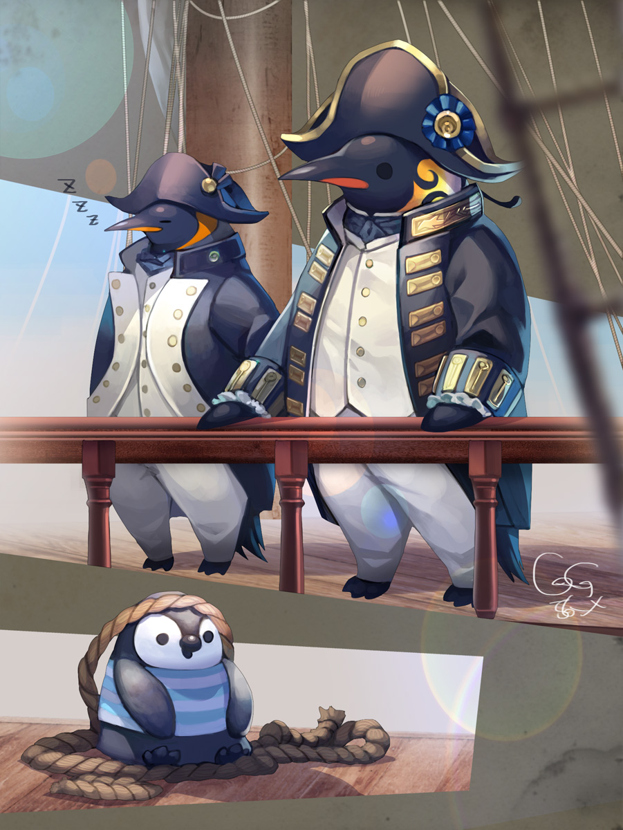 bicorne, bird, blue_sky, day, fantasy, hat, highres, looking_at_viewer, no_humans, original, osafune_ai, outdoors, penguin, railing, rope, royal_navy, sails, ship, shirt, sitting, sky, sleeping, standing, striped, striped_shirt, watercraft