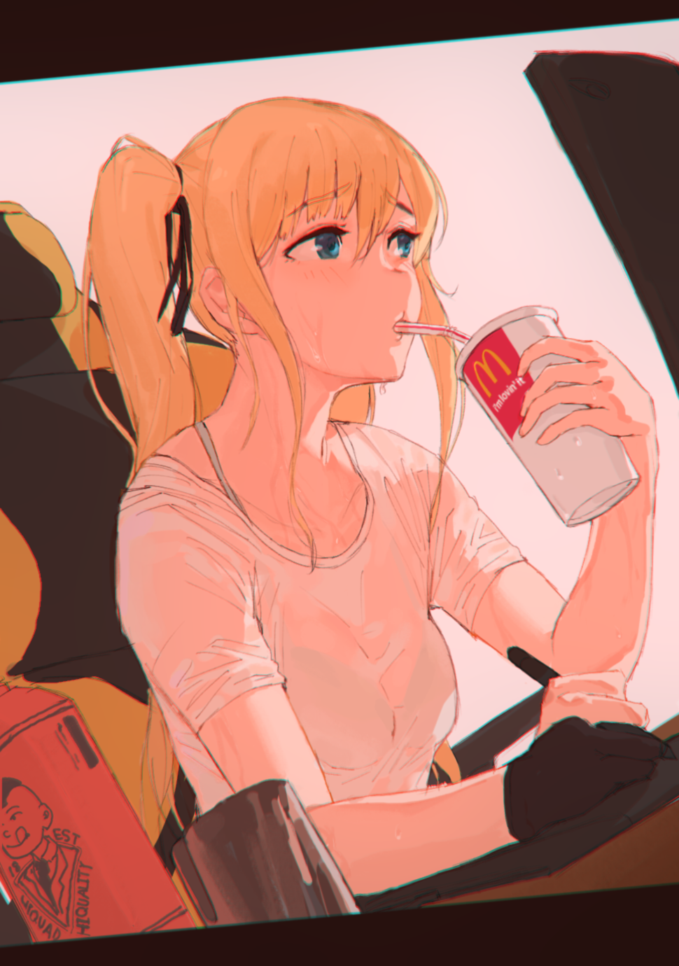1girl, bangs, bendy_straw, black_gloves, black_ribbon, blonde_hair, blue_eyes, blush