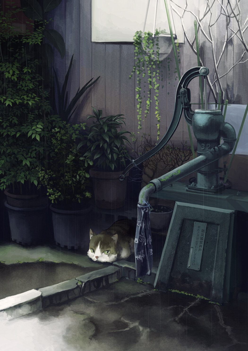 cat, day, fence, highres, kusakabe_(kusakabeworks), looking_at_viewer, no_humans, original