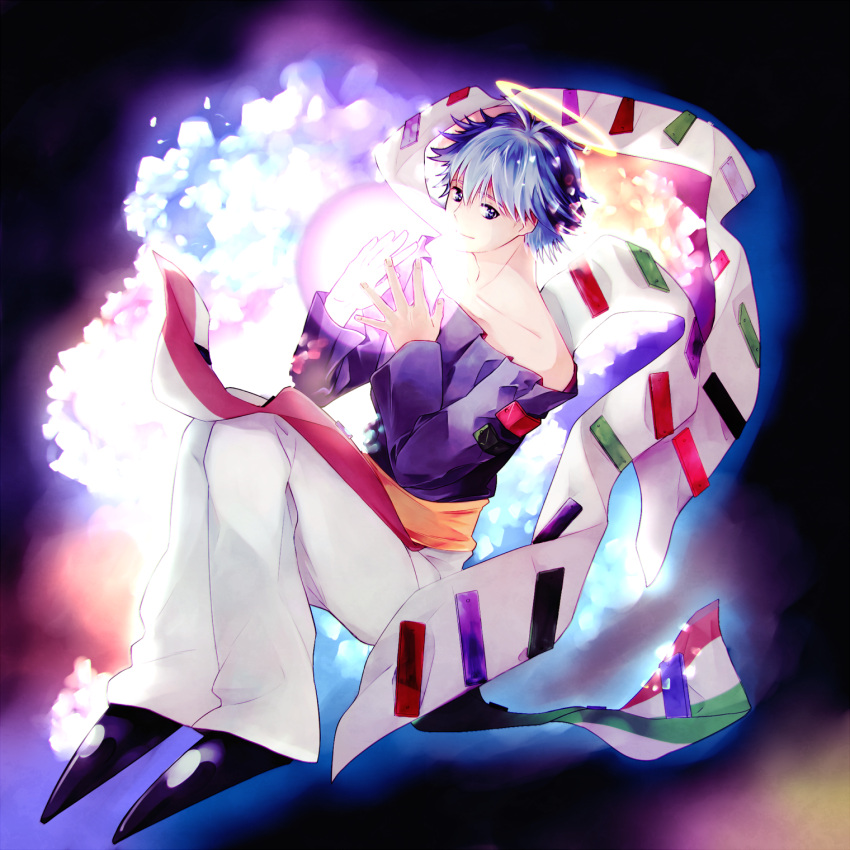 1boy, bangs, bishounen, blue_eyes, blue_hair, fugen_shinjin, full_body, glowing