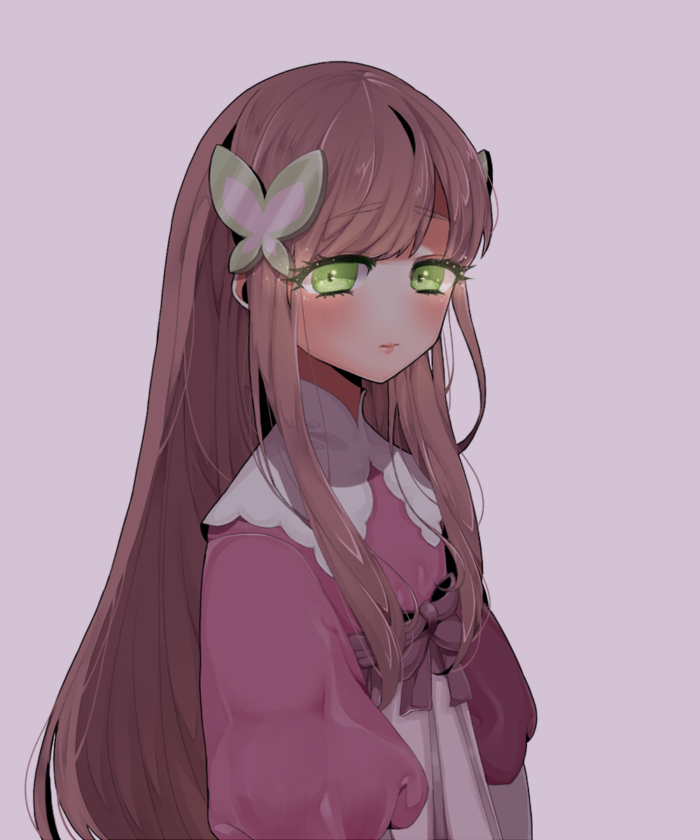 1girl, bangs, blunt_bangs, blush, bow, brown_hair, butterfly_hair_ornament, capcom