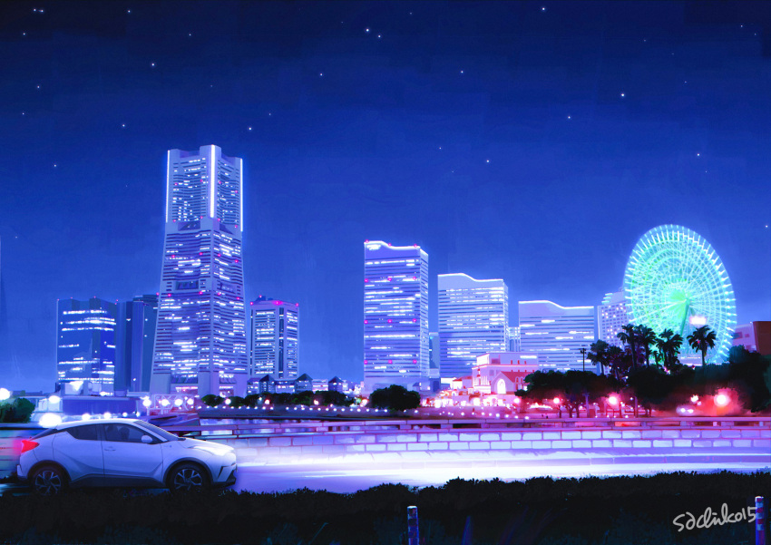 artist_name, bridge, building, bush, car, cityscape, ferris_wheel, ground_vehicle, highres, lamppost, motor_vehicle, night, no_humans, original, outdoors, road, sachiko15, scenery, signature, sky, star_(sky), starry_sky, tree