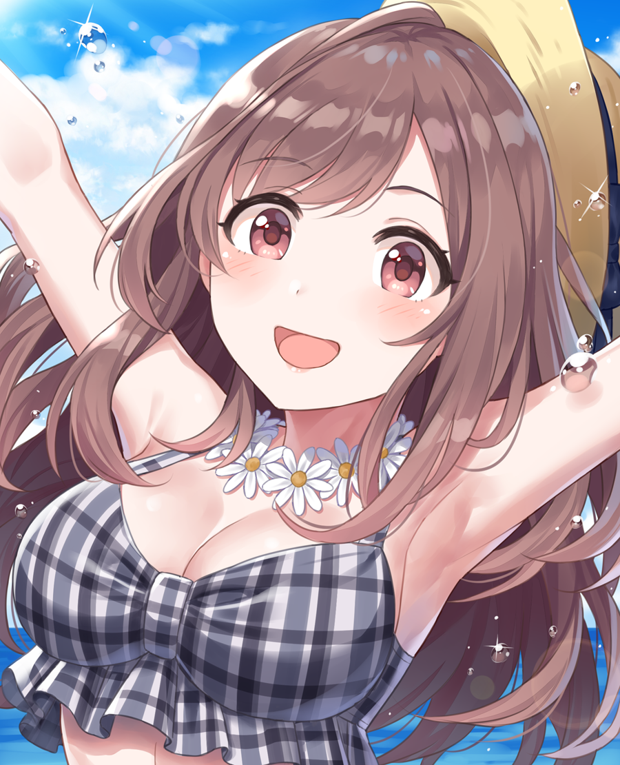 1girl, :d, armpits, arms_up, bangs, bikini, bikini_top, black_bikini