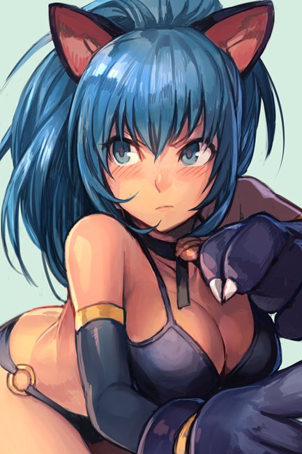 1girl, bangs, bare_shoulders, bell, bikini, black_bikini, black_gloves, blue_hair
