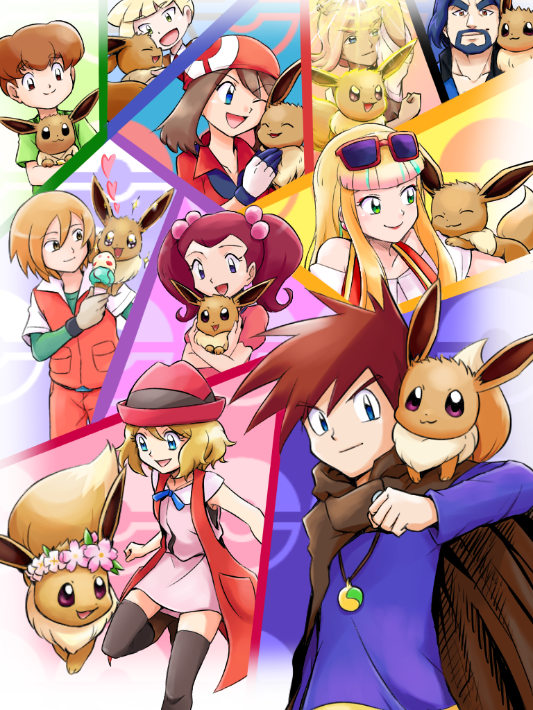ayo009, creatures_(company), eevee, game_freak, gen_1_pokemon, gladio_(pokemon), haruka_(pokemon), ilima_(pokemon)