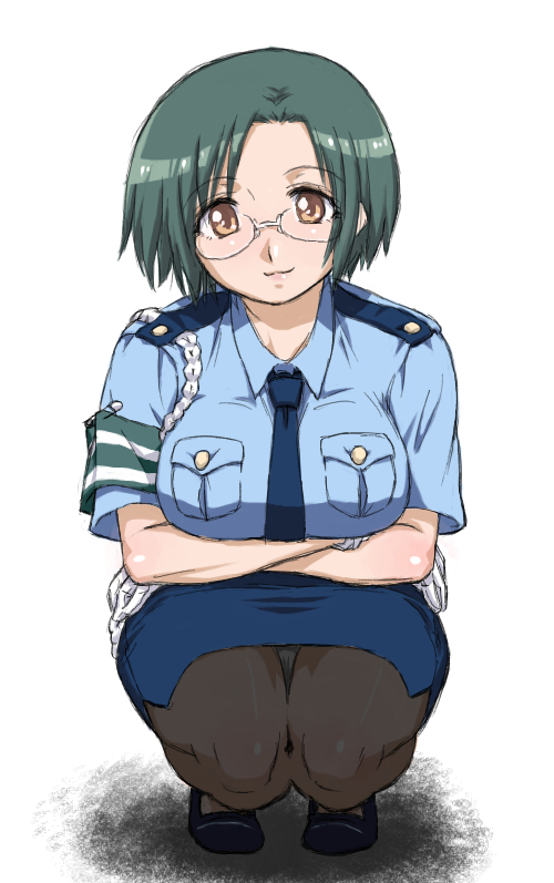 breast_hold, breasts, brown_eyes, crossed_arms, glasses, gloves, green_hair, hishagawariho, hishagawariho_(pixiv), kneeling, large_breasts, lucky_star, narumi_yui, necktie, panties, panties_under_pantyhose, pantyhose, police, police_uniform, policewoman, short_hair, skirt, smile, squat, squatting, underwear, uniform, upskirt, white_gloves