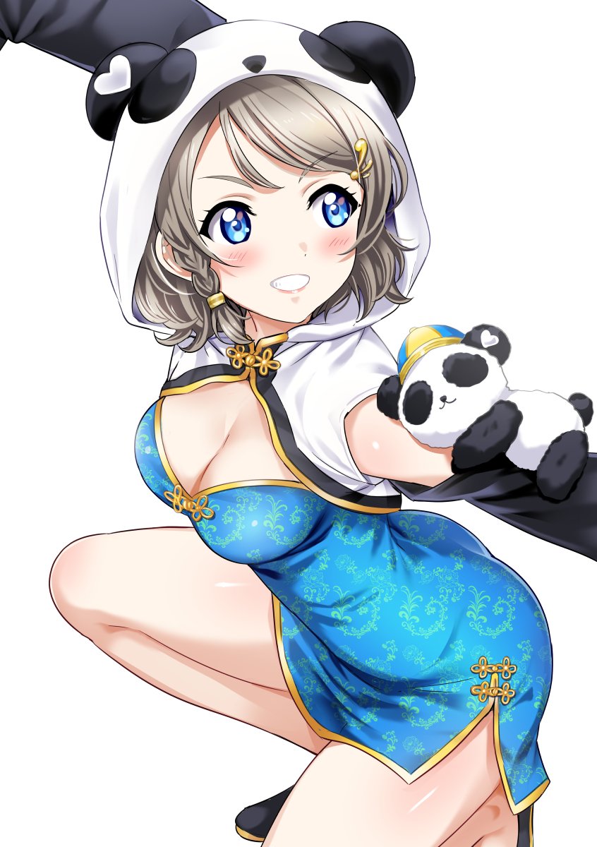 1girl, animal_costume, bangs, blue_eyes, blush, braid, breasts, china_dress, chinese_clothes, cleavage, dress, eyebrows_visible_through_hair, grey_hair, hair_between_eyes, highres, hood, hoodie, hoodie_vest, love_live!, love_live!_sunshine!!, medium_breasts, panda, panda_costume, rozen5, short_hair, simple_background, smile, solo, vest, watanabe_you, white_background