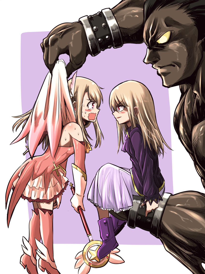 1boy, 1girl, bare_shoulders, berserker, black_hair, blonde_hair, blush, boots