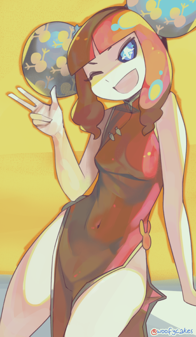 1girl, ;), alternate_hair_length, alternate_hairstyle, bangs, blue_eyes, blue_revolver, blunt_bangs, breasts, bun_cover, china_dress, chinese_clothes, commission, double_bun, dress, eric_muentes, looking_at_viewer, mae_(blue_revolver), one_eye_closed, pelvic_curtain, red_dress, short_hair, small_breasts, smile, solo, symbol-shaped_pupils, v, waving, yellow_background
