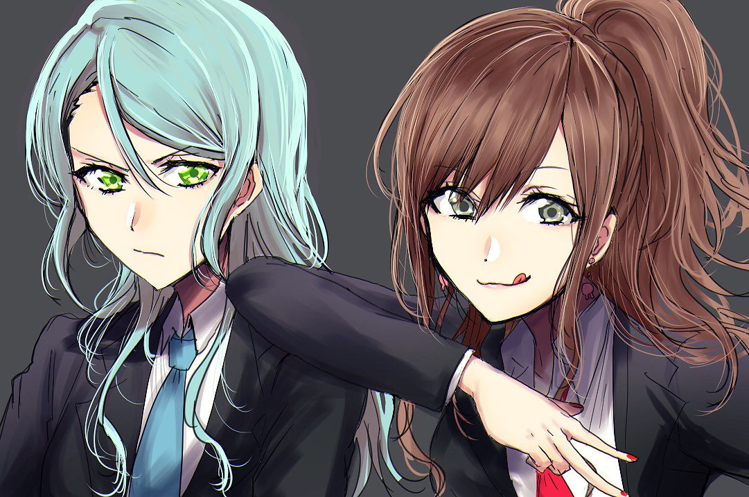 2girls, aqua_hair, arm_on_shoulder, bang_dream!, brown_hair, earrings, formal, green_eyes