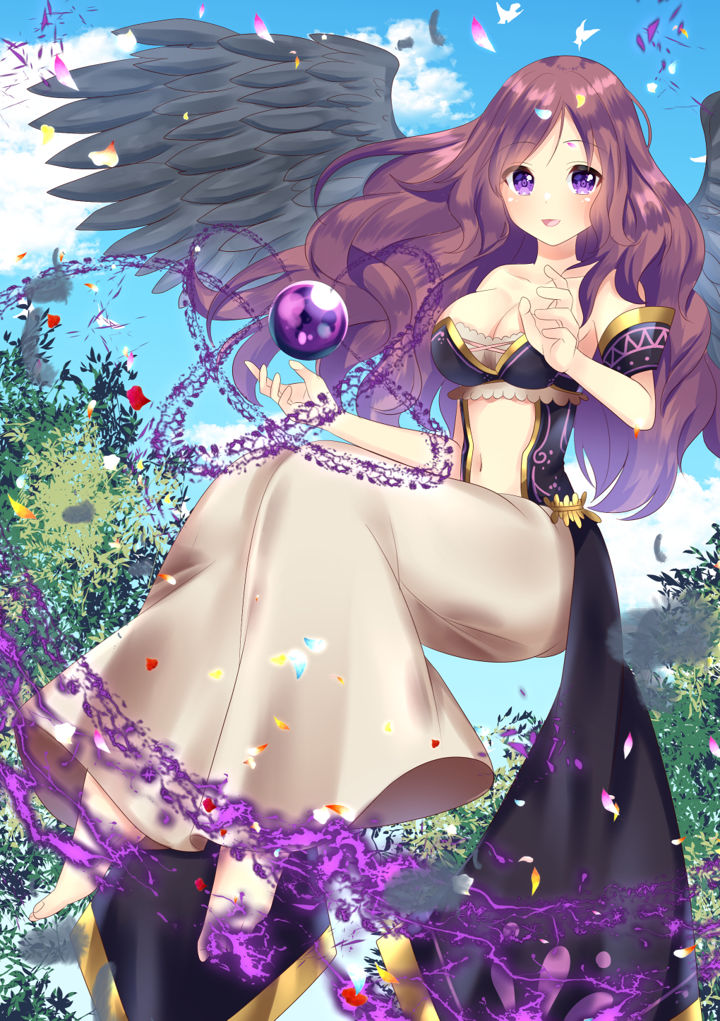 1girl, :d, bangs, bare_shoulders, barefoot, black_wings, blue_sky, blush