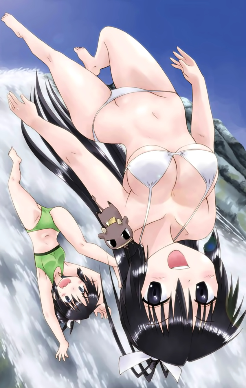 2girls, animal, antenna_hair, armpits, arms_up, bangs, bare_arms, bare_legs, bare_shoulders, barefoot, beef_jerky_(nagasarete_airantou), bikini, black_eyes, black_hair, blue_sky, breasts, cleavage, collarbone, cow, day, eyebrows_visible_through_hair, falling, fujishiro_takeshi, full_body, gluteal_fold, green_bikini, groin, hair_tie, highres, kneepits, legs, long_hair, medium_breasts, midair, mikoto_(nagasarete_airantou), multiple_girls, nagasarete_airantou, navel, official_art, open_mouth, outdoors, ponytail, rock, scan, shinobu_(nagasarete_airantou), sky, small_breasts, sports_bikini, swimsuit, thighs, under_boob, upper_teeth, upside-down, v-shaped_eyebrows, water, waterfall, wavy_mouth, white_bikini, white_swimsuit