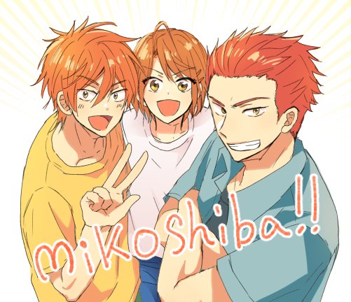 1girl, 2boys, black_shirt, brother_and_sister, crossed_arms, free!, grey_shirt, grin