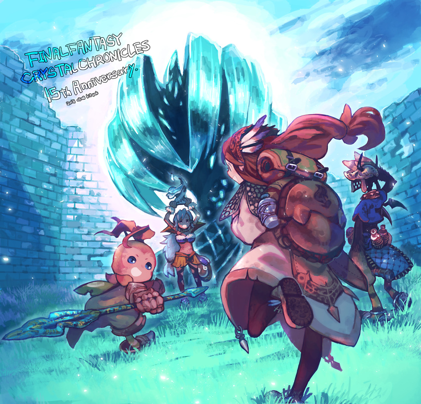 1boy, 1other, 2018, 2girls, :d, anniversary, arms_up, backpack