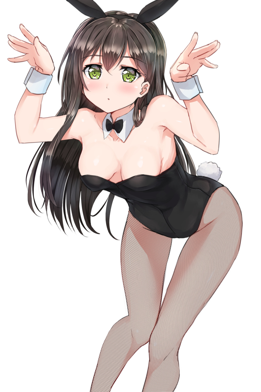 1girl, animal_ears, bang_dream!, bangs, bare_shoulders, black_hair, black_leotard, blush, bow, bowtie, breasts, bunny_girl, bunny_tail, bunnysuit, detached_collar, eyebrows_visible_through_hair, fake_animal_ears, fishnet_pantyhose, fishnets, hanazono_tae, highres, leotard, long_hair, naitou_kirara, pantyhose, parted_lips, rabbit_ears, simple_background, solo, strapless, strapless_leotard, tail, thigh_gap, white_background, wrist_cuffs