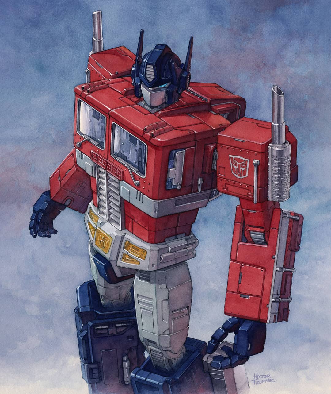 80s, autobot, from_above, ground_vehicle, hector_trunnec, highres, insignia, machine, machinery, mecha, motor_vehicle, no_humans, oldschool, optimus_prime, robot, science_fiction, signature, traditional_media, transformers, truck, watercolor_(medium)
