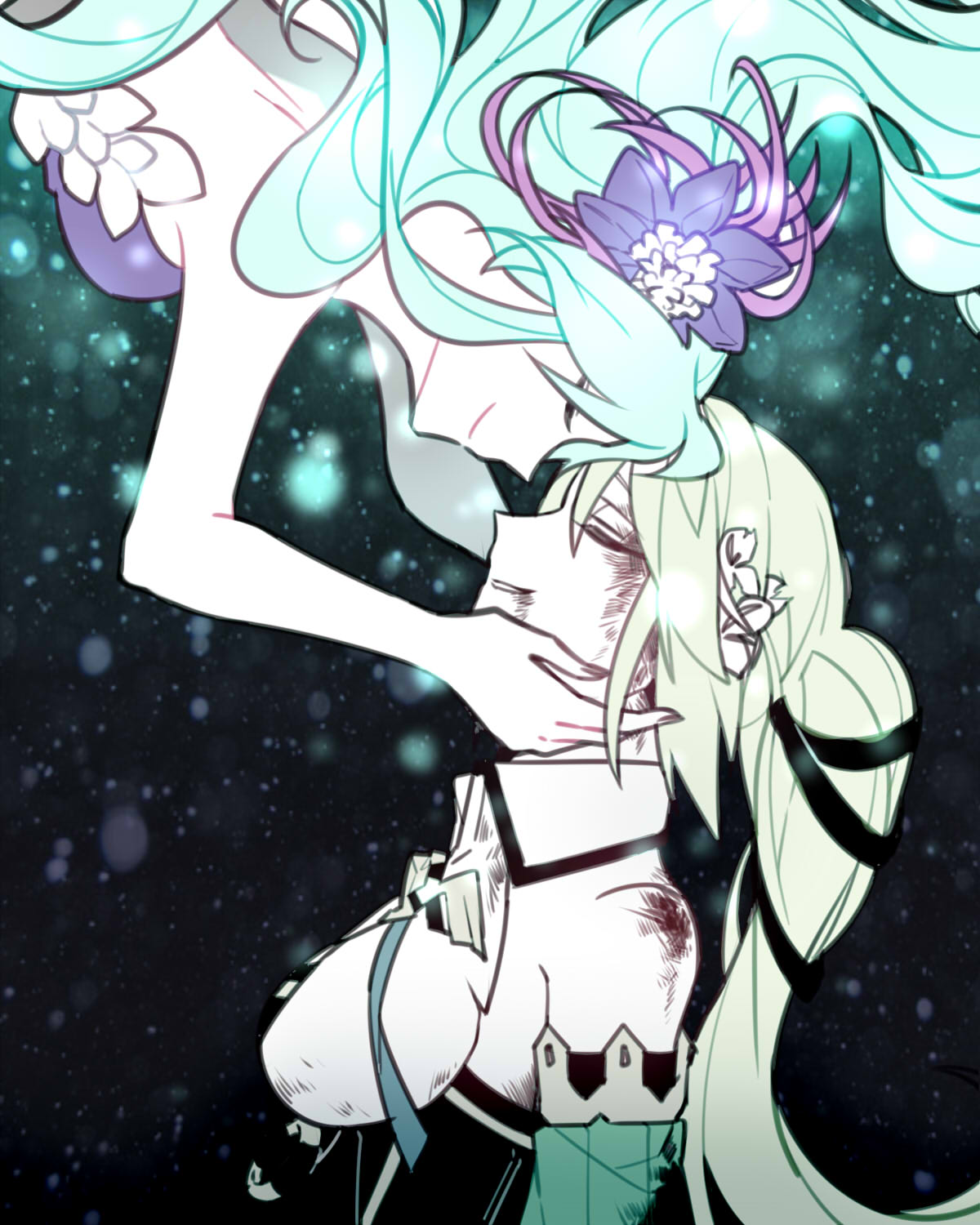 1girl, airelinna_(elsword), bare_shoulders, bruise, chuki_(lydia), detached_sleeves, elf, elsword, fairy, flower, green_hair, hair_flower, hair_ornament, head_to_head, highres, injury, pointy_ears, rena_(elsword), side_ponytail, smile, wind_sneaker_(elsword)