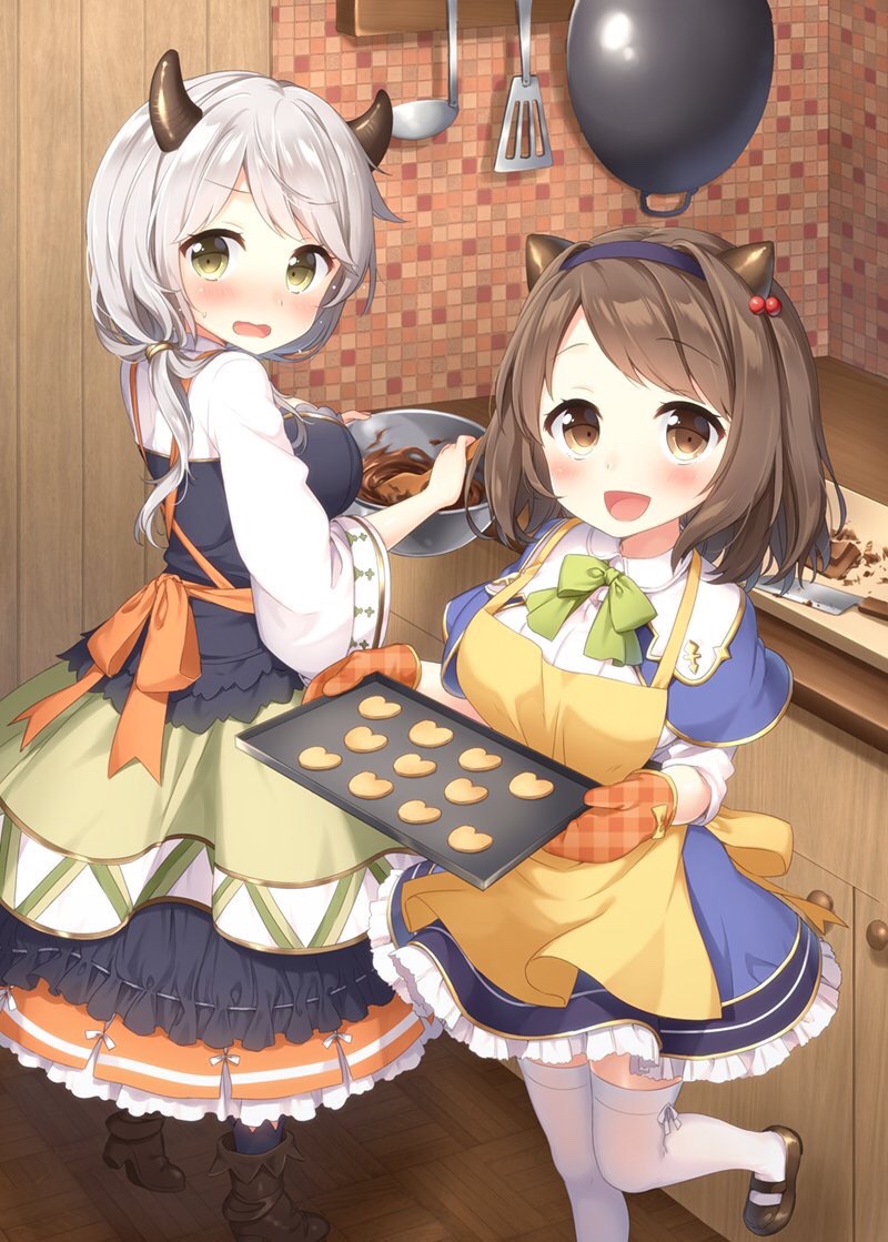 2girls, :d, baking, bangs, black_skirt, blue_capelet, blue_legwear, blue_skirt