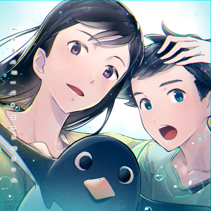 1boy, 1girl, 2018, :o, aoyama-kun_(penguin_highway), bird, black_hair, blue_background