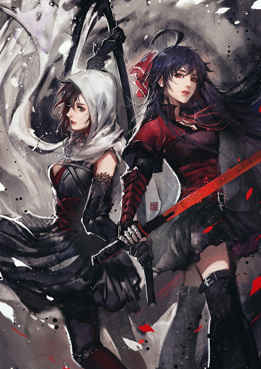 2girls, ahoge, artist_request, back-to-back, bead_necklace, beads, black_hair, cloak