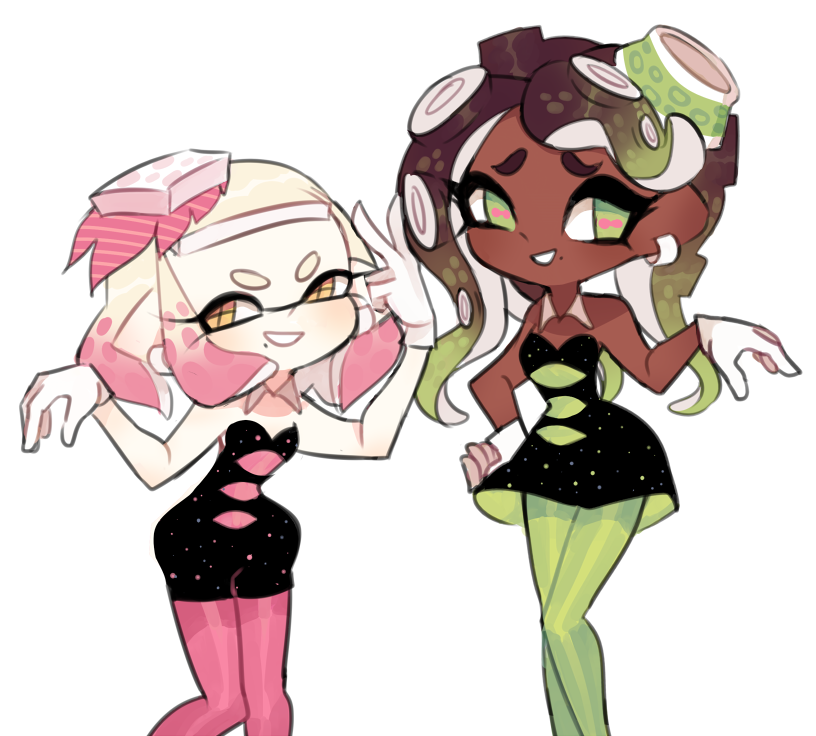 2girls, callie_(splatoon)_(cosplay), charamells, cosplay, dark-skinned_female, dark_skin, detached_collar, gloves