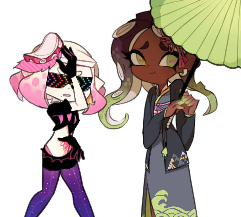 2girls, callie_(splatoon)_(cosplay), charamells, cosplay, dark-skinned_female, dark_skin, japanese_clothes, kimono