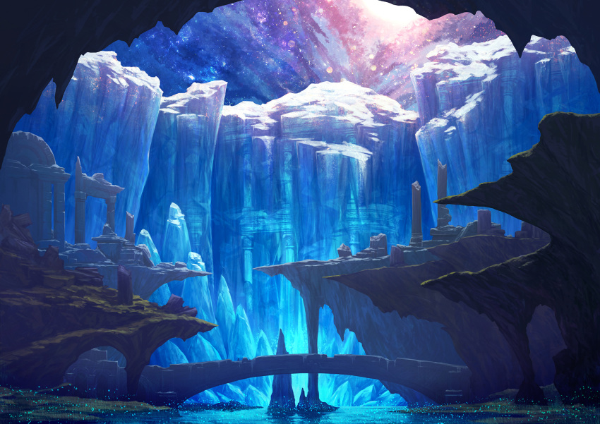 blue, cliff, commentary_request, fantasy, highres, landscape, light_particles, night