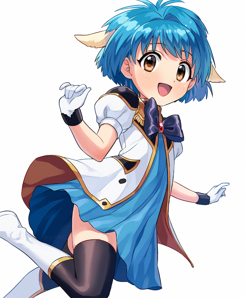 1girl, :d, black_bow, black_legwear, blue_dress, blue_hair, boots, bow