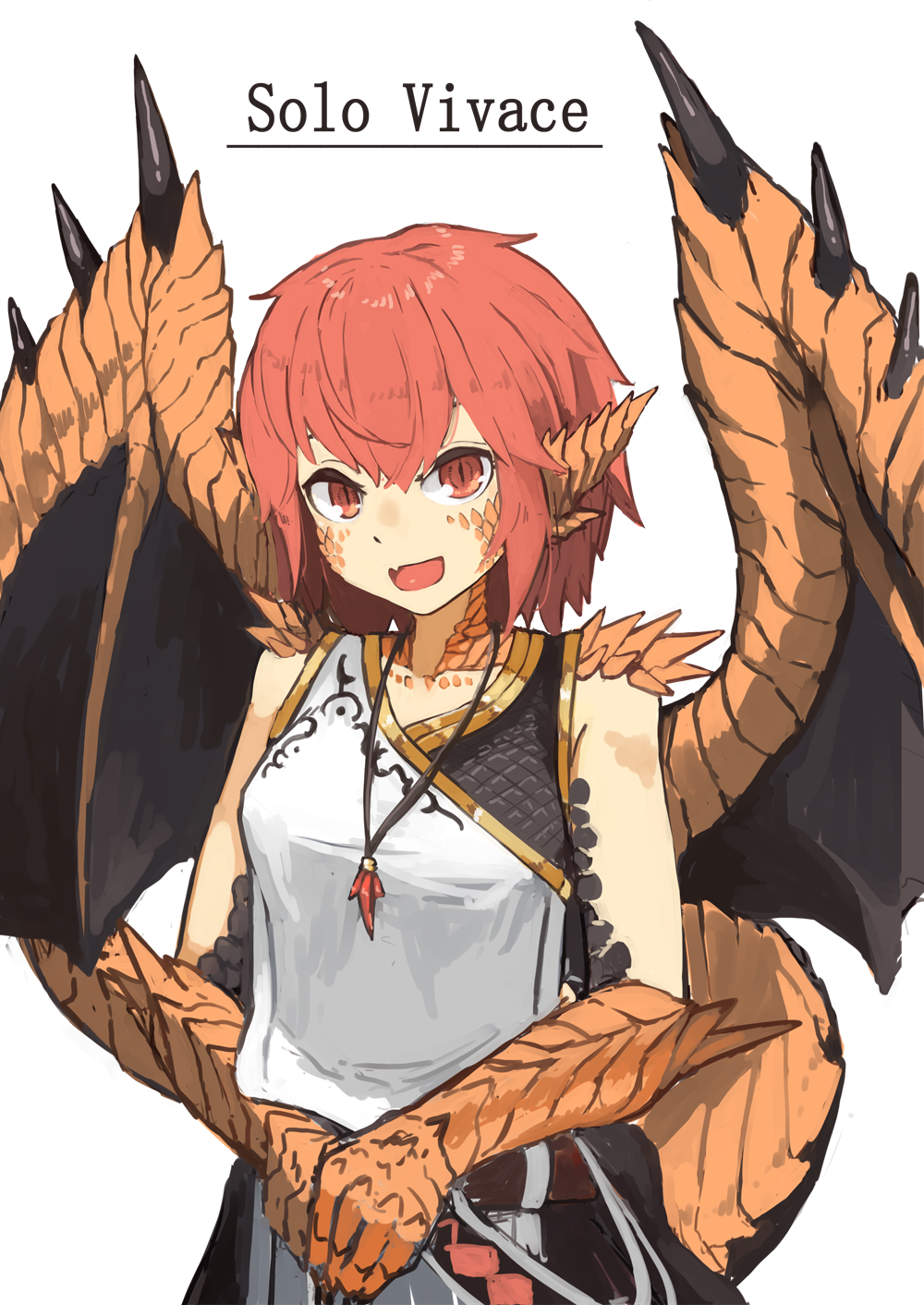 1girl, :d, animal_ears, belt, character_name, claws, commentary_request, dragon_girl, dragon_tail, dragon_wings, fang, highres, hitokuirou, jewelry, looking_at_viewer, monster_girl, necklace, open_mouth, original, red_eyes, redhead, robe, scales, short_hair, simple_background, slit_pupils, smile, solo, solo_vivace_(hitokuirou), tail, white_background, wings