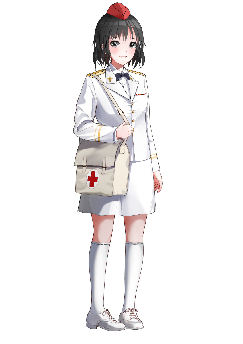 absurdres, alternate_costume, bag, black_eyes, black_hair, bow, bowtie, hat, highres, kneehighs, long_sleeves, looking_at_viewer, military, military_uniform, nurse, red_cross, red_hat, shameimaru_aya, shoes, shoulder_bag, smile, soviet_sergeant, touhou, uniform, white_footwear, white_legwear
