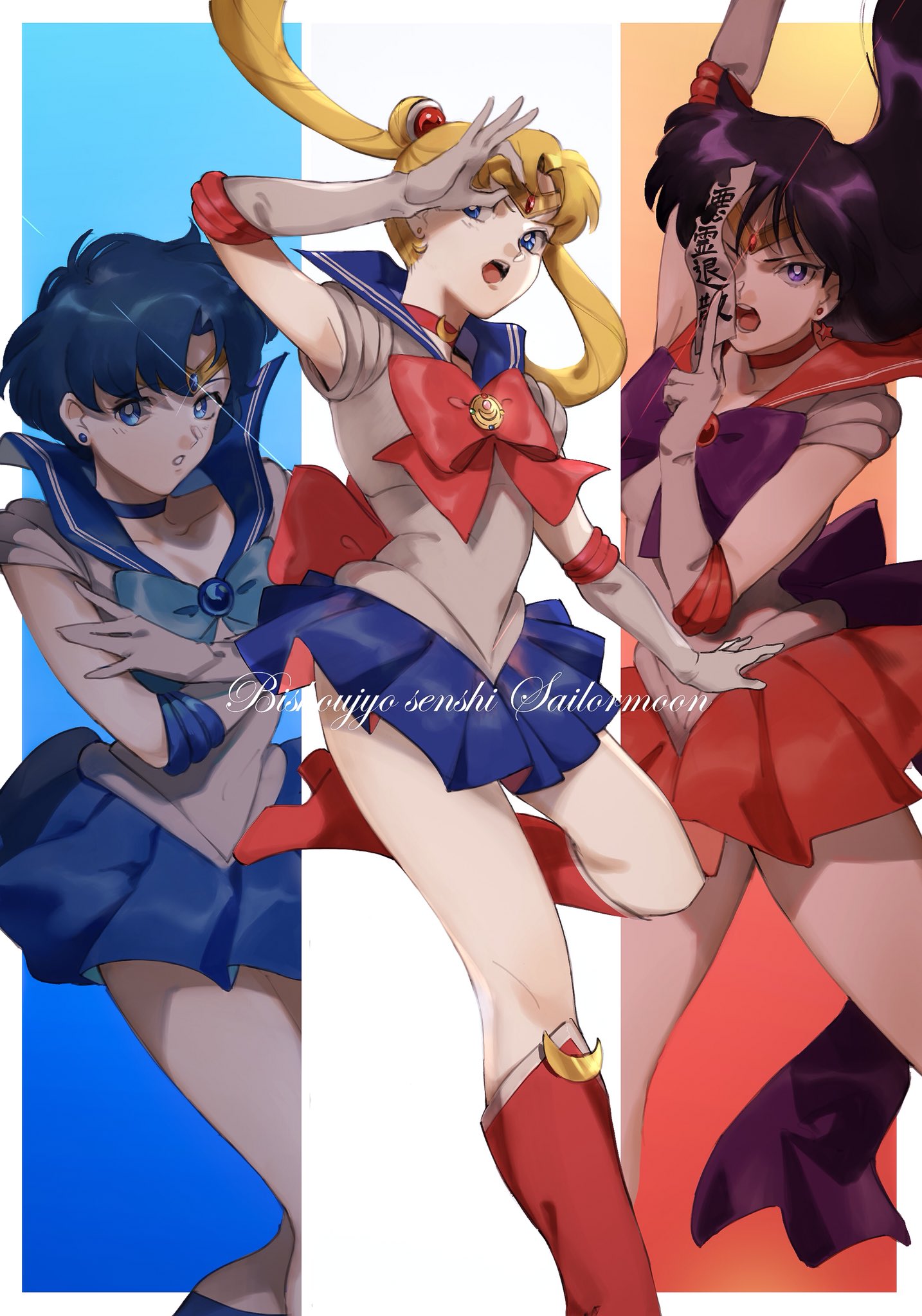 3girls, back_bow, bangs, bishoujo_senshi_sailor_moon, blue_choker, blue_eyes, blue_sailor_collar, boots, bow, breasts, choker, double_bun, earrings, elbow_gloves, gloves, highres, hino_rei, inner_senshi, jewelry, long_hair, miniskirt, mizuno_ami, multiple_girls, pleated_skirt, red_choker, red_sailor_collar, roru_(lol_dessin), sailor_collar, sailor_mars, sailor_mercury, sailor_moon, sailor_senshi, sailor_senshi_uniform, skirt, tiara, tsukino_usagi, twintails, white_gloves
