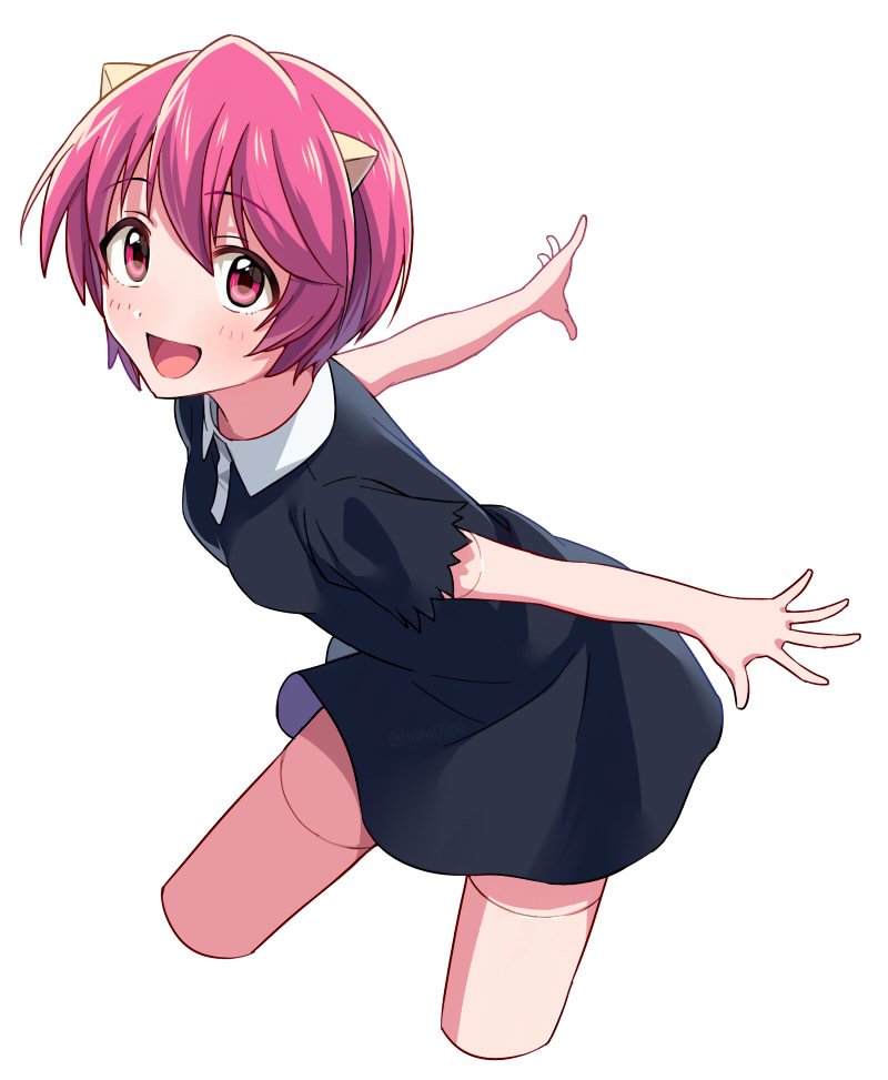 1girl, :d, arms_behind_back, bangs, black_dress, breasts, cropped_legs, dress