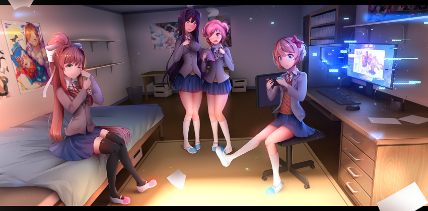 3d_background, 4girls, ;), absurdres, black_legwear, blue_skirt, blush, bow
