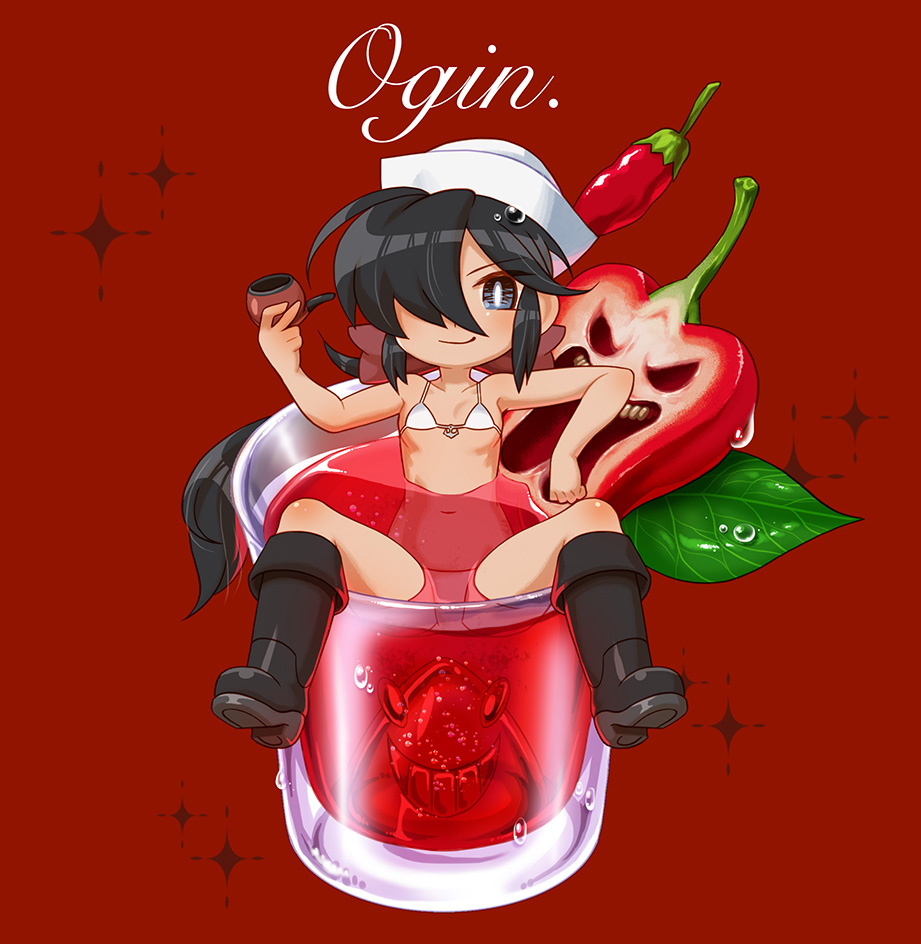 1girl, anchor_symbol, bangs, bikini, black_eyes, black_footwear, black_hair, boots, bow, breasts, bubble, chaki_(teasets), character_name, closed_mouth, condensation, cup, cursive, dark_skin, dixie_cup_hat, drinking_glass, emblem, eyebrows_visible_through_hair, food, food_on_head, girls_und_panzer, hair_bow, hair_over_one_eye, hat, holding, holding_pipe, jalapeno_(chili), knee_boots, long_hair, looking_at_viewer, military_hat, minigirl, object_on_head, ogin_(girls_und_panzer), partially_submerged, pipe, ponytail, red_background, red_bow, shark, shot_glass, sitting, small_breasts, smirk, solo, sparkle, swimsuit, v-shaped_eyebrows, white_bikini, white_hat, white_pupils