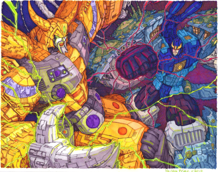 2boys, alien, battle, claws, colored, commentary, don_figueroa, duel, electricity, energy, english_commentary, glowing, glowing_eyes, green_eyes, ha-heeprime, highres, horns, male_focus, mecha, multiple_boys, no_humans, oldschool, planet, primus, red_eyes, robot, science_fiction, space, super_robot, transformers, transformers_armada, transformers_cybertron, unicron