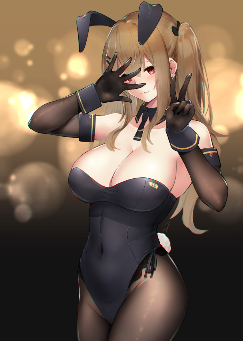 1girl, 404_logo_(girls_frontline), :3, alternate_costume, animal_ears, bangs, bare_shoulders, black_gloves