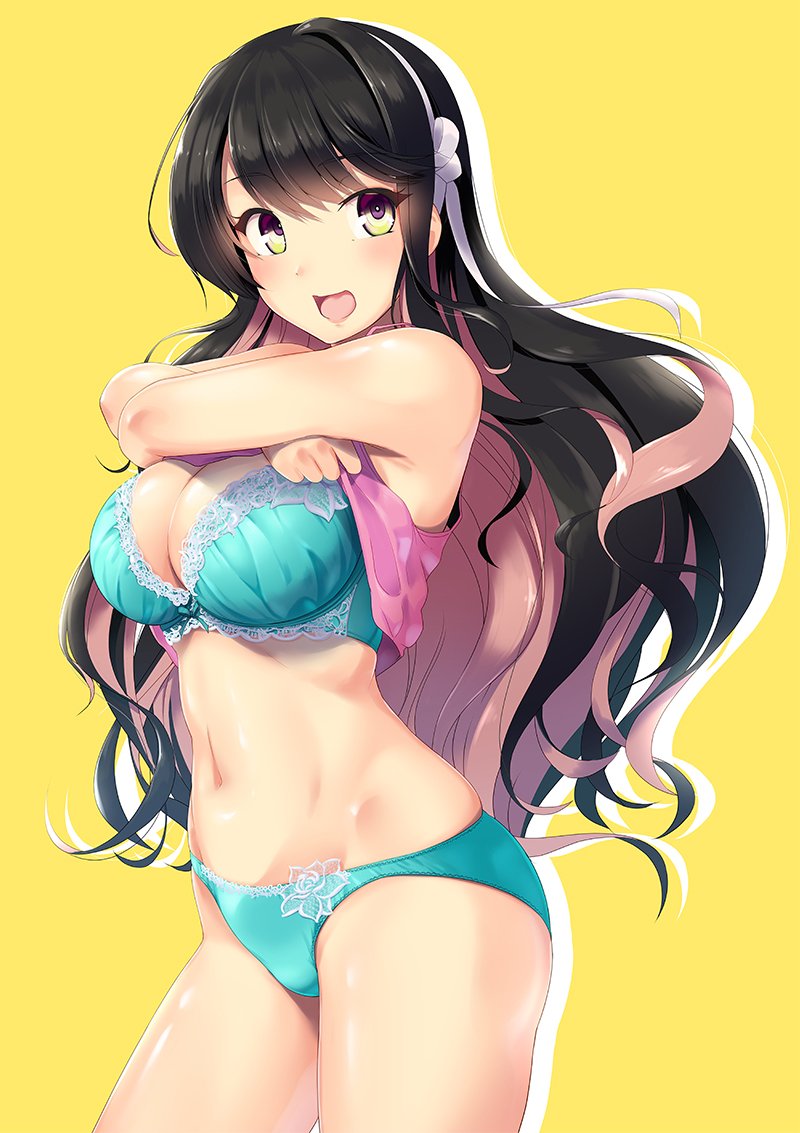 1girl, 8000, alternate_costume, aqua_bra, aqua_panties, armpits, bangs, black_hair