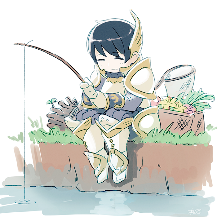 1boy, armor, blush, chibi, closed_eyes, feather_hair, hair_ribbon, hugo_el_superbia, male_focus, military, military_uniform, nintendo, pauldrons, reiesu_(reis), ribbon, short_hair, simple_background, smile, solo, uniform, xenoblade_(series), xenoblade_2, xenoblade_2:_ogon_no_kuri_ira