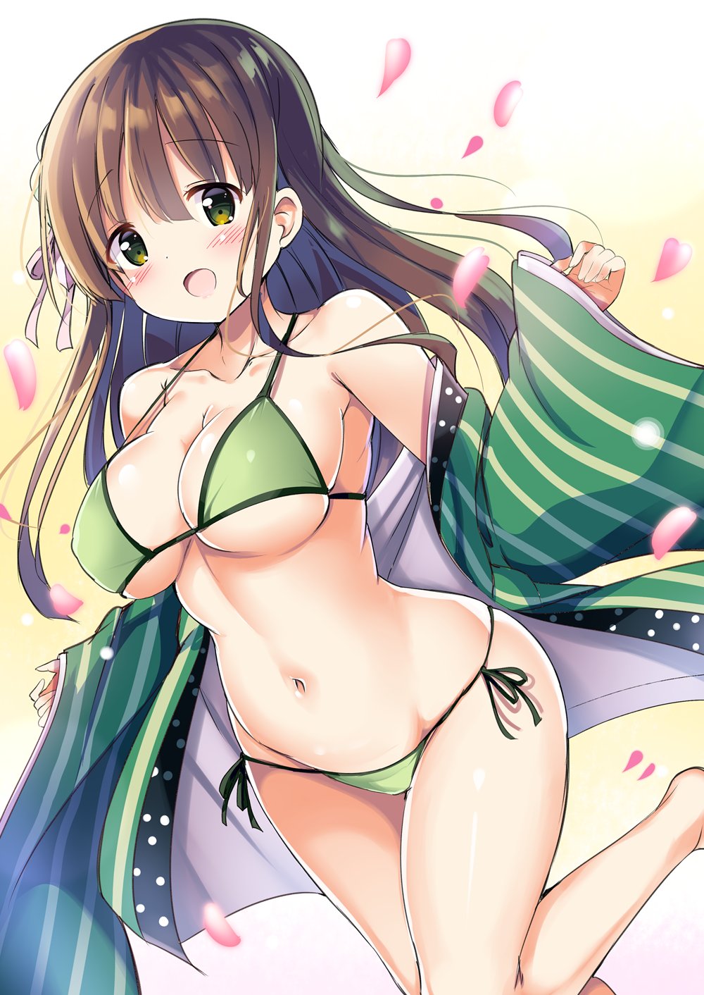 1girl, ama_usa_an_uniform, bangs, bikini, blunt_bangs, breasts, brown_hair, cherry_blossoms, feet_out_of_frame, gochuumon_wa_usagi_desu_ka?, green_bikini, green_eyes, highres, kurou_(quadruple_zero), large_breasts, long_hair, looking_at_viewer, open_clothes, petals, side-tie_bikini, solo, standing, standing_on_one_leg, swimsuit, ujimatsu_chiya