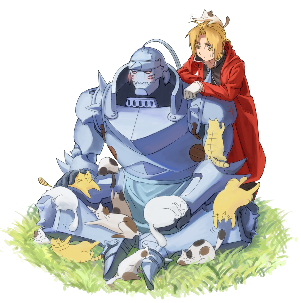 2boys, alphonse_elric, animal, animal_on_head, antenna_hair, apron, armor, black_shirt