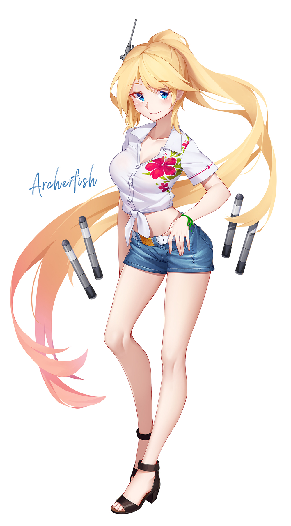 1girl, archerfish_(zhan_jian_shao_nyu), arnold-s, belt_buckle, black_footwear, blonde_hair, blue_eyes, blue_shorts