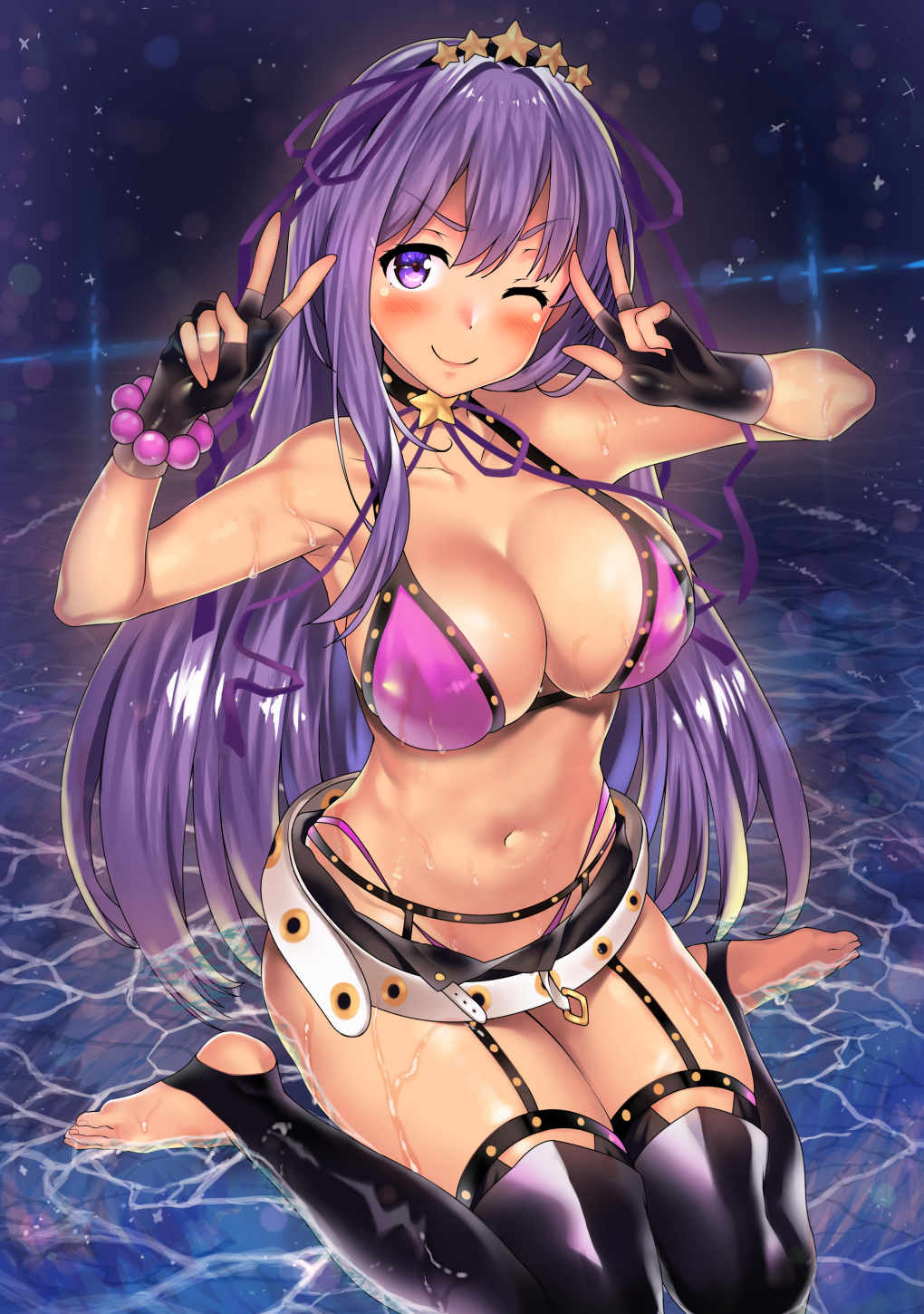 1girl, bangs, bare_shoulders, bb_(fate)_(all), bb_(swimsuit_mooncancer)_(fate), bead_bracelet, beads, bikini