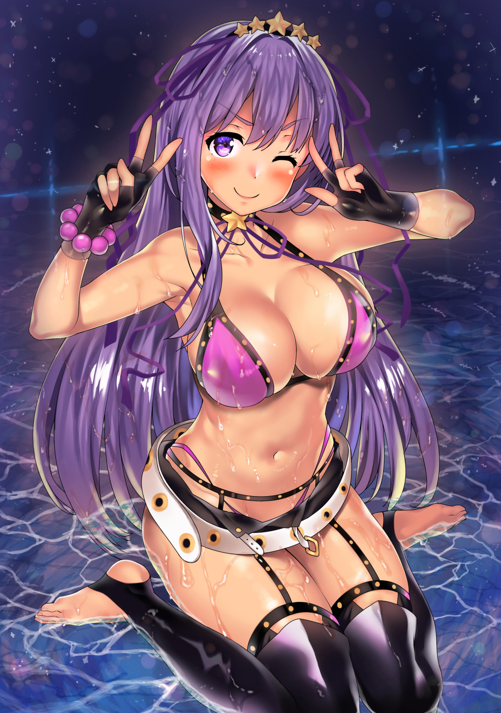 1girl, bangs, bare_shoulders, bb_(fate)_(all), bb_(swimsuit_mooncancer)_(fate), bead_bracelet, beads, bikini
