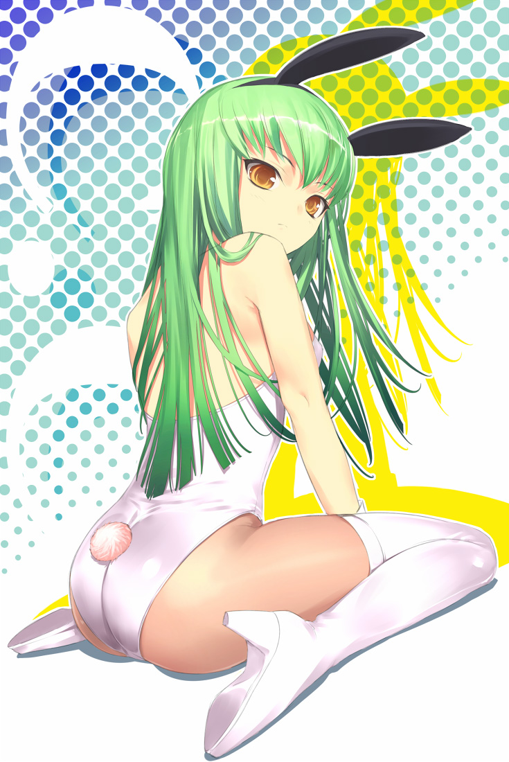 ass, boots, bunny_ears, bunny_outfit, bunny_tail, bunnygirl, bunnysuit, c.c., code_geass, green_hair, high_heels, pantyhose, rabbit_ears, shoes, sitting, solo, thigh_boots, thighhighs, uni, wariza